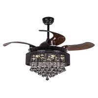 Parrot Uncle Ceiling Fans with Lights 42" Modern Black Ceiling Fan Retractable Blades Crystal LED Chandelier Fan with Remote Control Fandelier  4000K Cool White  Not Dimmable  2 Down-rods Included - B0719LZ7F4